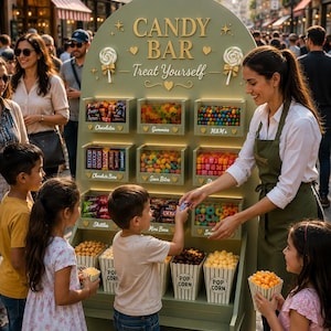 May include: A green candy bar stand with the text "CANDY BAR Treat Yourself". It offers chocolates, gummies, M&Ms, and popcorn. A vendor serves children. The stand is decorated with gold accents and is located on a bustling street.