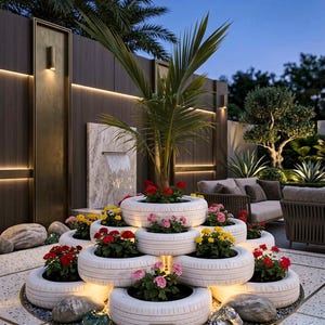 May include: A garden feature with white-painted tyres stacked to create planters, each filled with colourful flowers. A palm tree rises from the centre. The scene is set against a wooden fence and a small waterfall, creating a tranquil outdoor space.