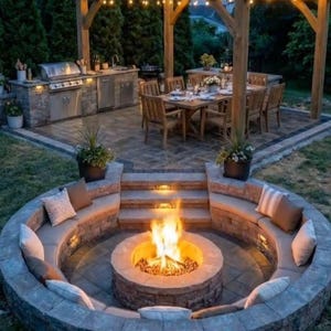 May include: Outdoor living space featuring a stone fire pit with seating, a dining area under a wooden pergola, and a built-in outdoor kitchen with a grill. String lights illuminate the space, creating a warm ambiance.