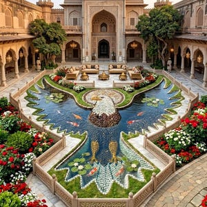 May include: An aerial view of a luxurious courtyard featuring a large pond shaped like an eagle. The pond is surrounded by lush gardens with red and white flowers. A grand building with ornate architecture forms the backdrop.