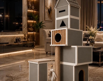 Torre rascador multinivel moderna para gatos (hágalo usted mismo) con instrucciones en PDF, casita de juegos, postes rascadores y escondites acogedores.