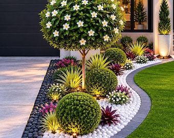 Parterre decorativo de jardín para armar, árbol topiario, arbustos con flores, diseño moderno para exteriores.