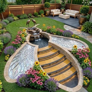 May include: A beautifully landscaped backyard with a tiered water feature, stone steps, and lush greenery. The design includes a small waterfall, decorative glass panels, and vibrant flowers, creating a serene outdoor space.