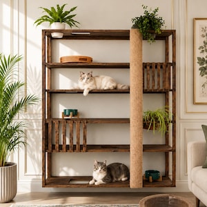 May include: A dark brown wooden cat tree with multiple shelves, a sisal scratching post, and various cat accessories. Two cats are resting on the shelves. The cat tree is decorated with plants and a woven tray.