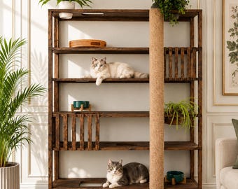 Torre rascador moderna de madera para gatos, condominio multinivel con escondites, estructura de juego para mascotas.