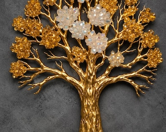 Cuadro decorativo Árbol de la Vida Dorado, pintura de resina con geoda 3D, cristales de ágata y cuarzo amatista.