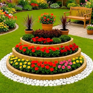May include: A tiered garden bed with vibrant red, yellow, and pink flowers. The bed is surrounded by white stones and lush green grass. Terra cotta pots hold plants, and a wooden bench sits in the background.