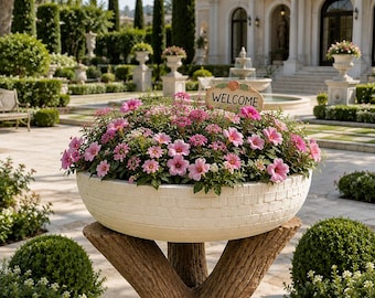 Maceta DIY en formato PDF y SVG, flores rosas y moradas en plena floración, centro de mesa para jardín, decoración para bodas en patios.