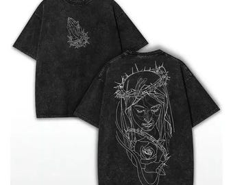 Virgin Mary Gothic Shirt, Catholic Graphic Tee, Christian Streetwear Shirt, Religious Line Art Tee, Faith Based Apparel, Christian Gift