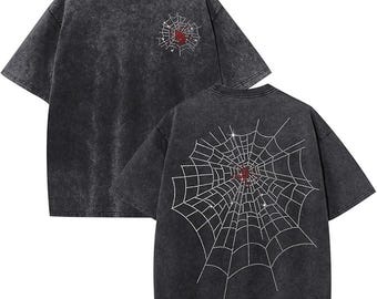 Rhinestone Spider Web Shirt, Y2K Grunge Graphic Tee, Acid Wash Streetwear Top, Vintage Cyber Punk Tshirt, Edgy Skater Apparel, Hype Gift