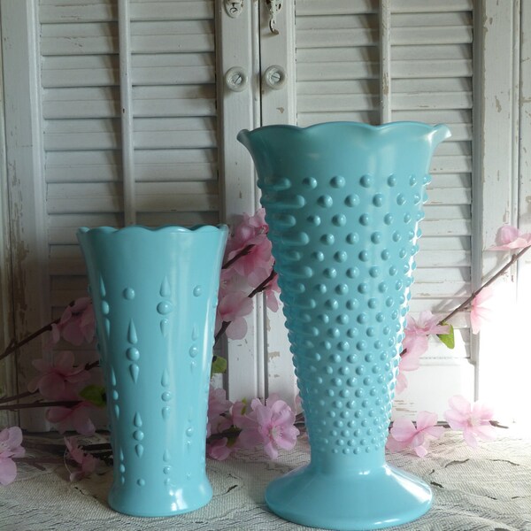 Shabby and Chic Aqua Blue Set of 2 Upcycled Glass Vases Beach Cottage Decor Hobnail Vase