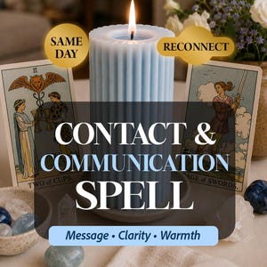 Könnte beinhalten: Eine hellblaue, geriffelte Stumpenkerze mit brennendem Docht, flankiert von zwei Tarotkarten mit der Aufschrift Two of Cups und Page of Swords. Das Bild enthält Texteinblendungen wie SAME DAY, RECONNECT, CONTACT & COMMUNICATION SPELL und Message • Clarity • Warmth.