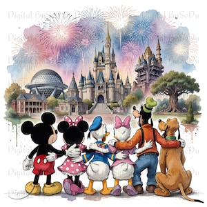 May include: Watercolor illustration of Disney characters Mickey Mouse, Minnie Mouse, Donald Duck, Daisy Duck, Goofy, and Pluto with arms around each other, watching fireworks over Cinderella Castle and other park landmarks.