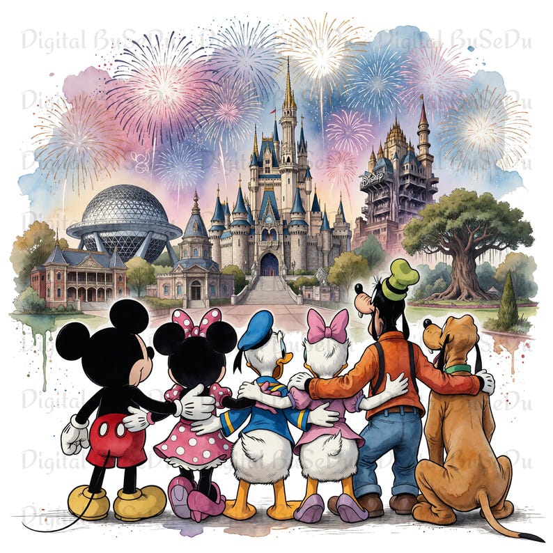 May include: Watercolor illustration of Disney characters Mickey Mouse, Minnie Mouse, Donald Duck, Daisy Duck, Goofy, and Pluto with arms around each other, watching fireworks over Cinderella Castle and other park landmarks.