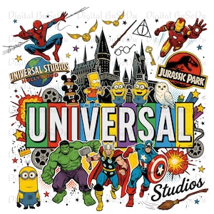 Może przedstawiać: Kolorowa ilustracja graficzna przedstawiająca różne postacie z popkultury, w tym Spider-Mana, Iron Mana, Hulka, Thora, Kapitana Amerykę, Barta Simpsona i Minionki. Projekt zawiera zamek, napis UNIVERSAL oraz logotypy Universal Studios i Jurassic Park.