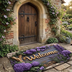 Alfombra de bienvenida con estampado de hortensias moradas y lavanda, alfombra de franela suave para interiores y exteriores.