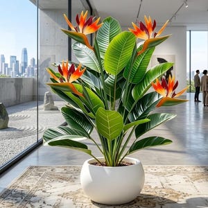 夕日に染まる赤いフィンチをあしらったフェイクの極楽鳥花バナナの木 – トロピカルオアシスの装飾