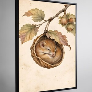 Sleeping Mouse in Walnut Shell Printable Wall Art, Woodland Botanical Watercolor