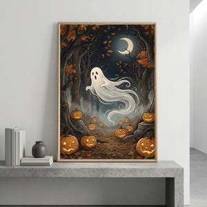 May include: A framed vertical wall art print depicting a white ghost floating through a dark forest at night. The scene features a crescent moon, bare trees, and numerous glowing orange jack-o'-lanterns scattered across the forest floor.