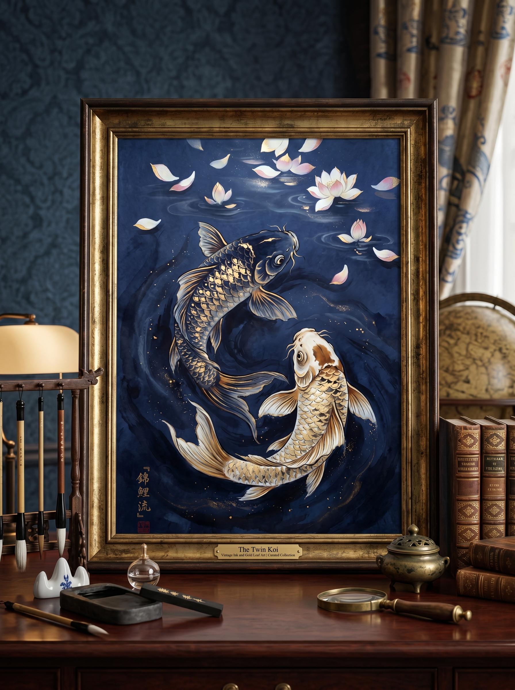 水墨画 鯉 金縁 Koi Gold Foil Print - Etsy