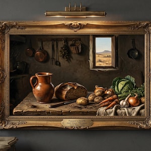 17th Century Style Still Life Oil Painting, Rustic Kitchen Art