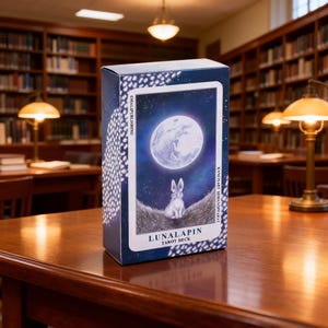 May include: A tarot deck box featuring a nighttime scene with a full moon and a white rabbit. The box is dark blue with white accents and the words "LUNALAPIN TAROT DECK". The background shows a library setting with wooden tables and bookshelves.