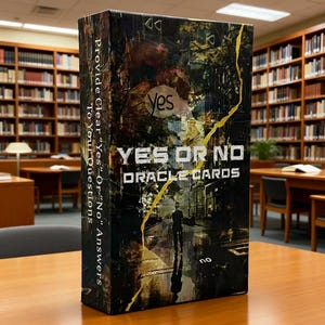 May include: A deck of "Yes or No Oracle Cards" with a dark, artistic design. The box features the words "Yes or No Oracle Cards" and "Provide Clear 'Yes' or 'No' Answers To Your Questions". The background shows a person walking on a street.