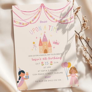 May include: A rectangular birthday invitation card featuring a castle illustration, pink bunting, and two cartoon characters. The text reads: Once Upon A Time, Sofia's 4th Birthday, Sat 15 Jun at 1pm, at Sofia's House, 1234 Magic Street, Suburb, RSVP to Mum on 0412 123 123.