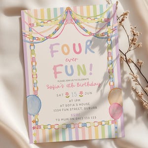 May include: A rectangular birthday invitation card featuring a pastel striped border, watercolor paper chain bunting, and balloons. The text reads: Four ever FUN! Please join us to celebrate Sofia's 4th Birthday, Sat 15 Jun at 1pm, at Sofia's house, 1234 Fun Street, Suburb, RSVP to Mum on 0412 123 123.