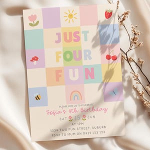 May include: A rectangular birthday invitation card featuring a pastel checkered grid with icons of a tulip, sun, strawberry, mushroom, cherries, bee, rainbow, and butterfly. The text reads JUST FOUR FUN, Sofia's 4th Birthday, SAT 15 JUN AT 1PM, 1234 TWO FUN STREET, SUBURB, RSVP TO MUM ON 0412 123 123.