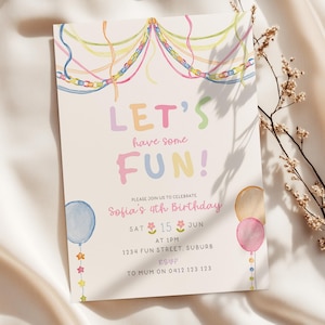 Födelsedagsinbjudan "Lets Have Some Fun" | Födelsedagsinbjudan för färgglad tjej | Nyckfull inbjudan | Papperskedjefest | Redigerbar Canvas-mall