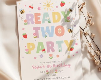 Ready Two Party Birthday Invitation | Girl 2nd Birthday | Pastel Invite | Spring Birthday | Editable Canva Template