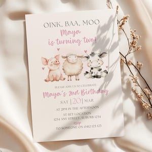 Oink Baa Moo Birthday Invitation | Girl 2nd Birthday | Farm Animal Invite | Barnyard Theme | Editable Pig Cow Sheep Invite | Canva Template