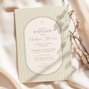 Boys Baptism Invitation | Classic Green & Beige Christening Invite | Minimalist Stripe Baptism | Editable Canva Template