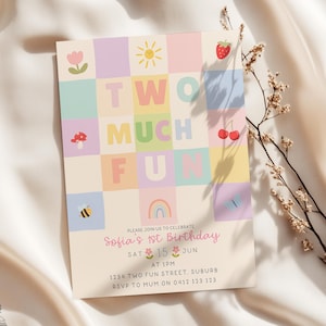 Two Much Fun Birthday Invitation | Girl 2nd Birthday | Pastel Invite | Spring Birthday | Editable Canva Template