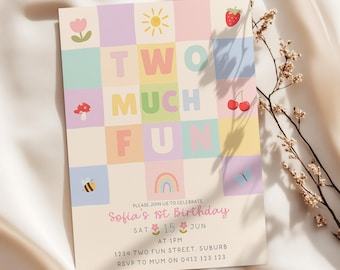 Two Much Fun Birthday Invitation | Girl 2nd Birthday | Pastel Invite | Spring Birthday | Editable Canva Template