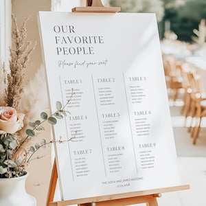 Sitzplan für die Hochzeit | Schild „Unsere Lieblingsgäste“ | Minimalistischer Sitzplan | Verlobung | Bearbeitbare Canva-Vorlage