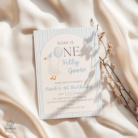 One Silly Goose Birthday Invitation | Boy Silly Goose Party Invite | Blue Stripes Birthday | Editable Canva Template