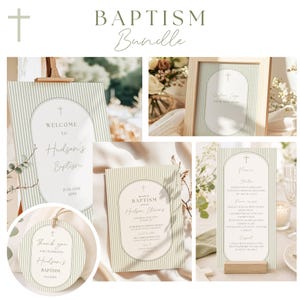 May include: A baptism bundle featuring sage green and white striped stationery. Items include a welcome sign, a seating chart, a menu card, an invitation, and a circular favor tag. Each piece displays an arched frame, a cross icon, and text.