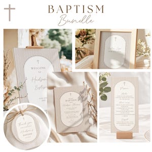 May include: A baptism bundle featuring stationery with a beige and white vertical striped pattern and arched frames. Items include a welcome sign, a menu card, a circular favor tag, and a framed sign, all displaying a cross icon and custom text.