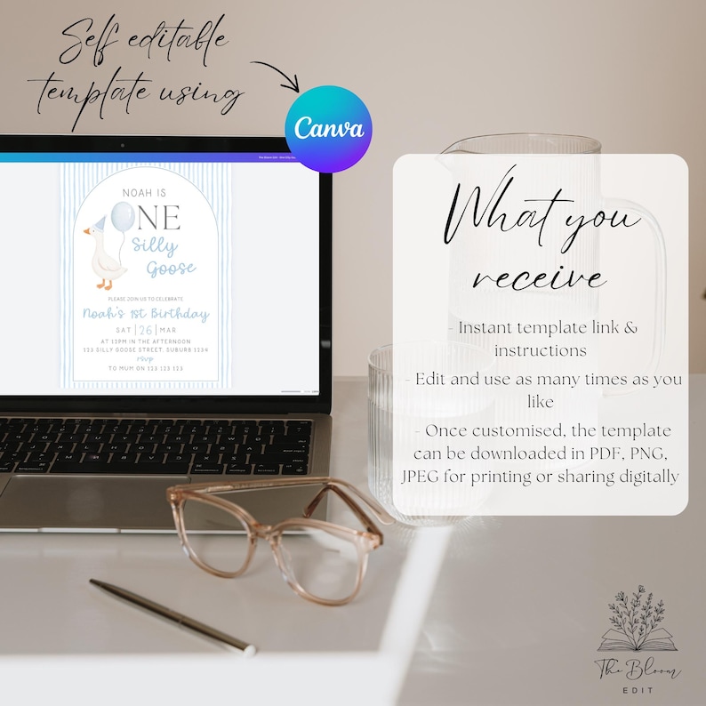 May include: A laptop screen displays a digital birthday invitation template featuring a goose illustration and the text Noah is one silly goose. The screen shows event details, while a pair of light-colored glasses and a pen rest on the desk surface.