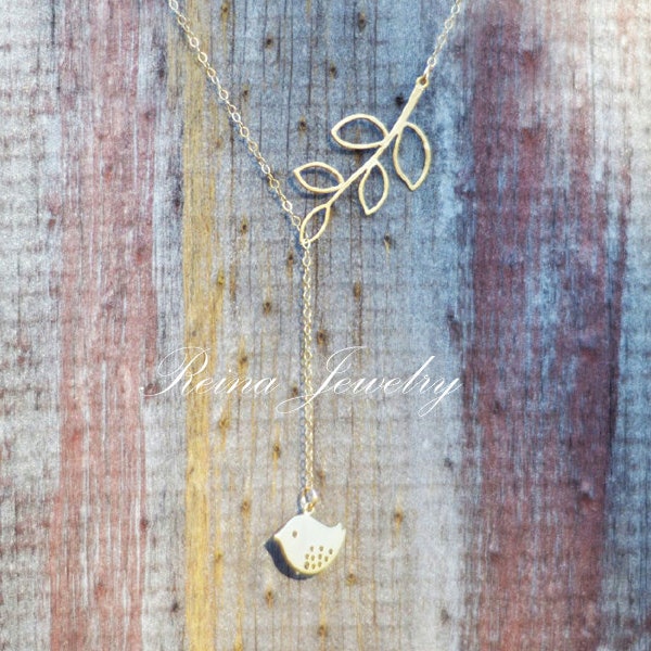 Detailed Bird Branch Lariat - Gold Lariat Necklace - Love Bird Necklace