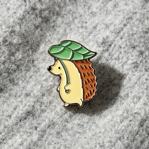 Cute Hedgehog Enamel Pin, Woodland Animal Brooch for Backpack Jacket Hat, Leaf Umbrella Badge Gift for Nature Lovers Teens Cute Pin Art