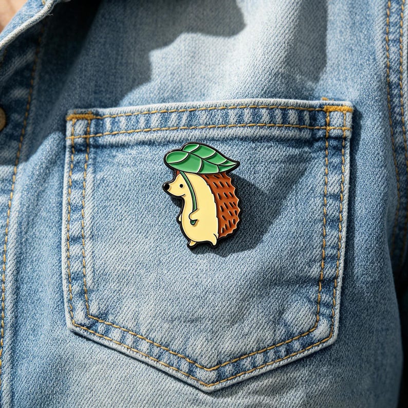 May include: A detailed enamel pin depicting a cartoon hedgehog with a green leaf hat, set against a denim jacket pocket. The hedgehog has a yellow body and brown quills. This charming accessory adds a touch of nature-inspired whimsy to any outfit.