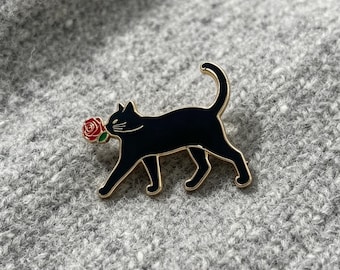 Black Cat Rose Enamel Pin, Gothic Lapel Jewelry, Cat Lover Gift