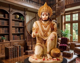 Puede incluir: Una estatua de color crema de la deidad Hanuman en posición de rodillas, adornada con intrincadas joyas doradas, una corona y brazaletes. La figura presenta un símbolo Om rojo en la palma de la mano derecha levantada y sostiene una maza dorada.