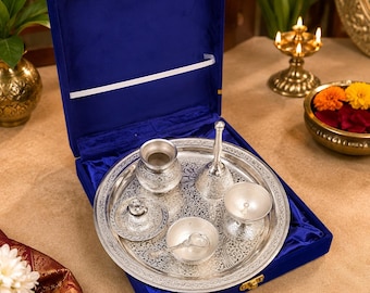 Juego de Thali de Plata, Juego de Thali Pooja de Plata Alemana con Caja de Regalo de Terciopelo / Thali Puja Plateado / Regalo de Diwali / Juego de Regalos de Boda