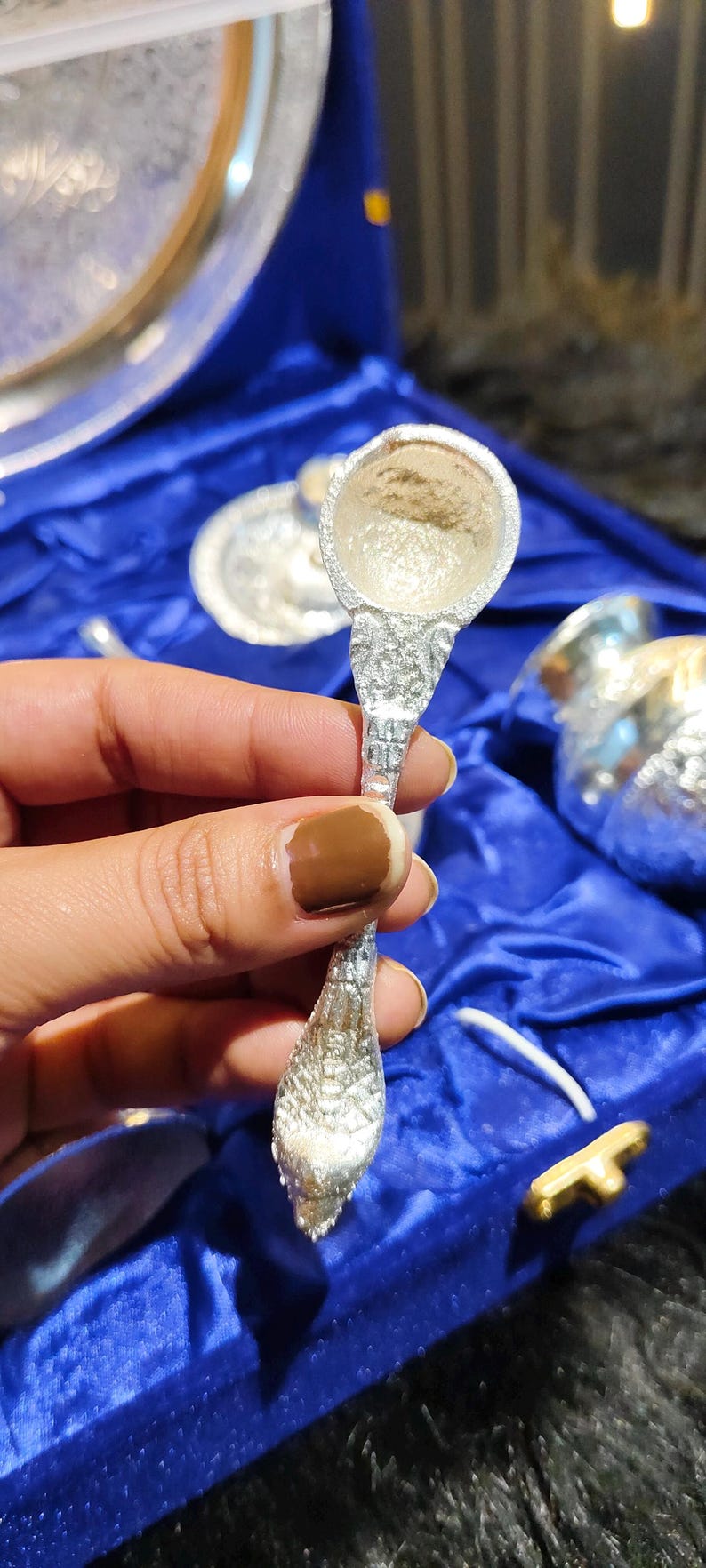Silver Thali Set Gift , German Silver Pooja Thali Set with Velvet Gift Box |Silver Plated Puja Thali | Diwali Gift | Wedding Return Gift Set image 13