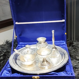 Silver Thali Set Gift , German Silver Pooja Thali Set with Velvet Gift Box |Silver Plated Puja Thali | Diwali Gift | Wedding Return Gift Set image 17