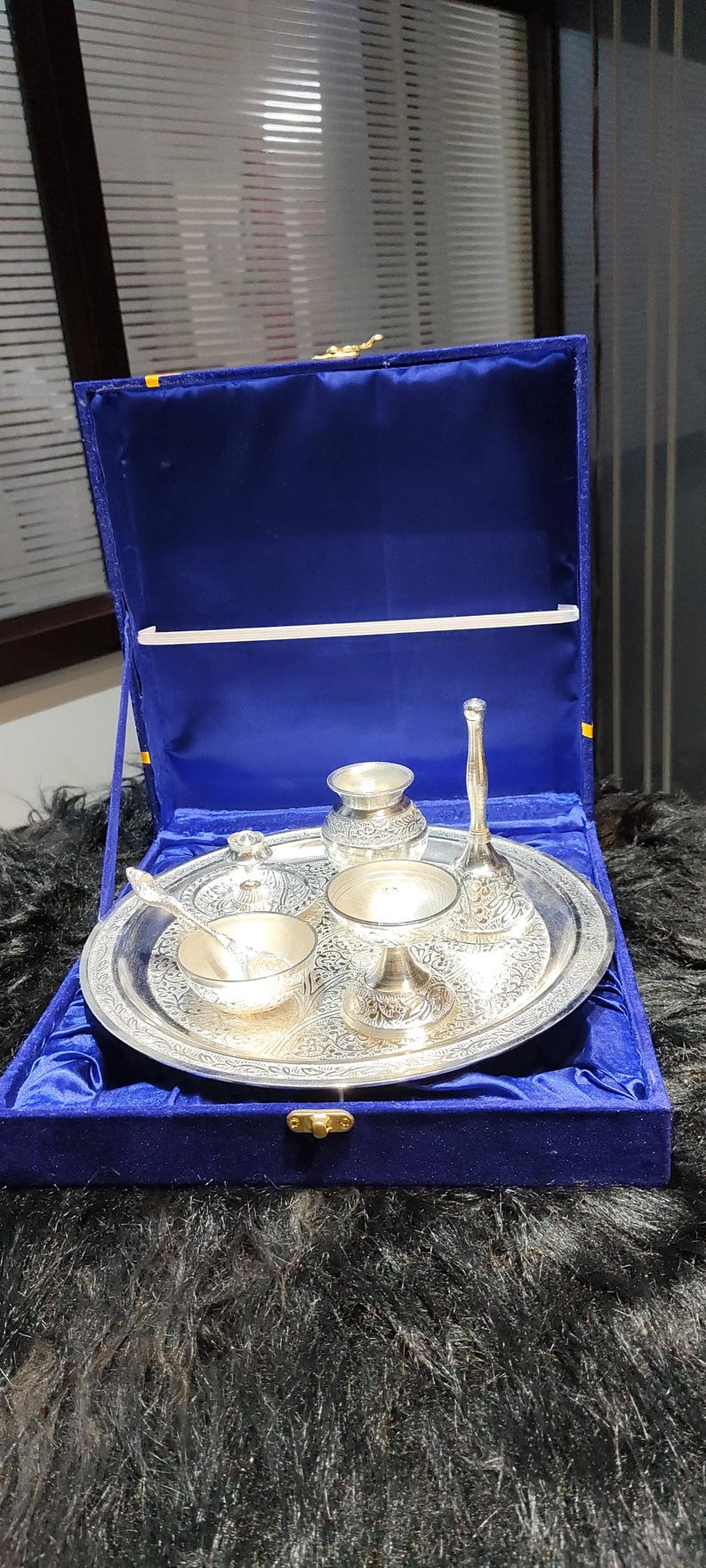 Silver Thali Set Gift , German Silver Pooja Thali Set with Velvet Gift Box |Silver Plated Puja Thali | Diwali Gift | Wedding Return Gift Set image 17